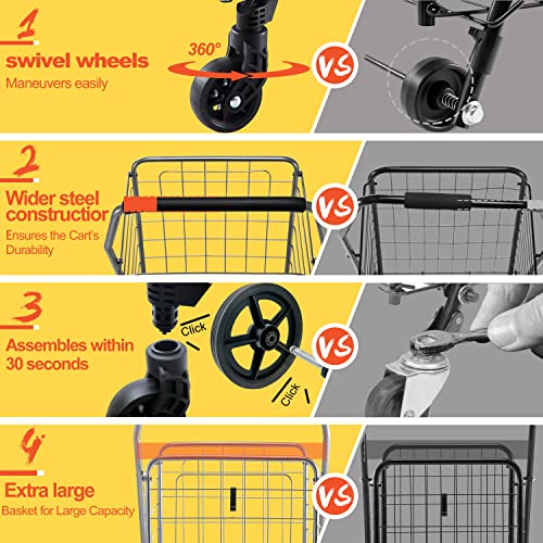 Wellmax Grocery Cart & Folding Shopping Cart with Wheels, 66 lb Max, Medium - size: Medium