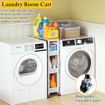 OKZEST Slim Laundry Room Organization Cart with Upgraded Metal Hub Casters - color: White, size: 7.1 Inch Wide