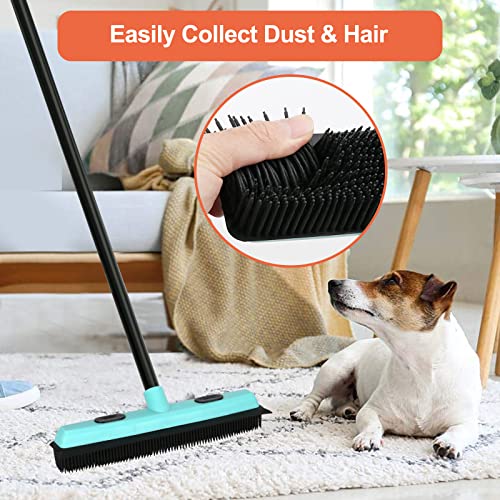 Rubber Broom Carpet Rake for Pet Hair Removal, Fur Remover Broom with 59" Telescoping Long Handle, Pet Hair Broom with Squeegee for Carpet, Hardwood Floor, Tile - color: Elegant Blue Rubber Broom