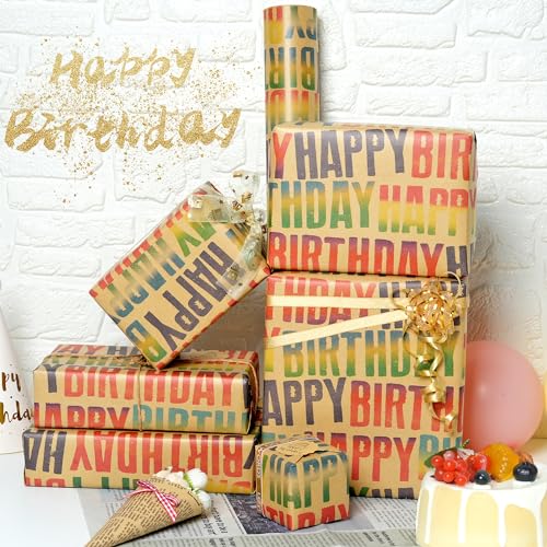 MAMUNU Birthday Wrapping Paper Roll, Colorful Happy Birthday Kraft Gift Wrapping Paper Jumbo Roll, Gift Wrap Paper Set for Boys Girls Men Women, 17 x 590 Inch - color: Colorful