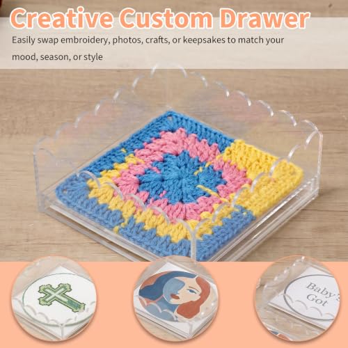 2 Pack Scalloped Acrylic Tray with Insert, 6 x 6 x 2.5 Inch Acrylic Trays for Needlepoint, Acrylic Trays for Embroidery Display, Clear Decorative Tray with Drawer for Photos, Art, Fabric, Messages