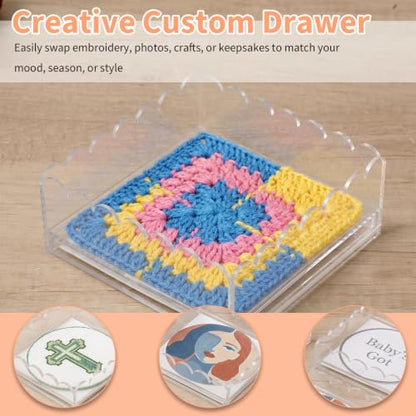 2 Pack Scalloped Acrylic Tray with Insert, 6 x 6 x 2.5 Inch Acrylic Trays for Needlepoint, Acrylic Trays for Embroidery Display, Clear Decorative Tray with Drawer for Photos, Art, Fabric, Messages
