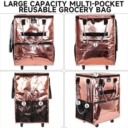 Large Reusable Grocery Bag On 5 Wheels, 130L Foldable Rolling Tote Bag - color: Rose Gold, size: Large