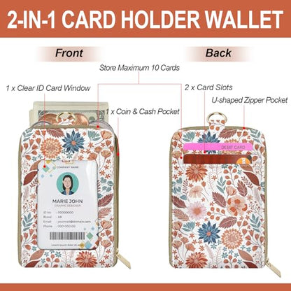 Floral Lanyard Wallet & ID Badge Holder, Cute RFID Women ID Badge Wallet for Women, Credit Card Holders with Zipper Pocket Keychain Phone Lanyard Wrist Strap for Teacher Nurse Gifts, Autumn Flowers - color: Autumn Flowers Leaves