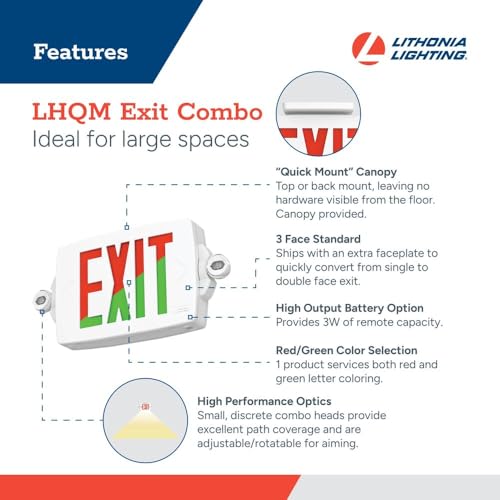 Lithonia Lighting Quantum LED Exit Sign Emergency Light Combo, Exit Sign and Emergency Lights, 2-Head Fixture, Red/Green Selectable Letters, High Output Battery, White (LHQM S W RG MVOLT HO M6) - color: Red/Green Selectable - White, size: 16.5" | Sign & R