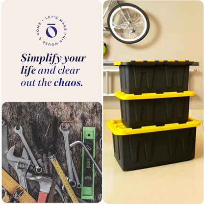 HOMZ Durabilt Plastic Storage Bins with Lids, 27 Gal, Black/Yellow, 2 Pack - color: Black Base/Yellow Lid, size: 27 Gallon (Pack of 2)