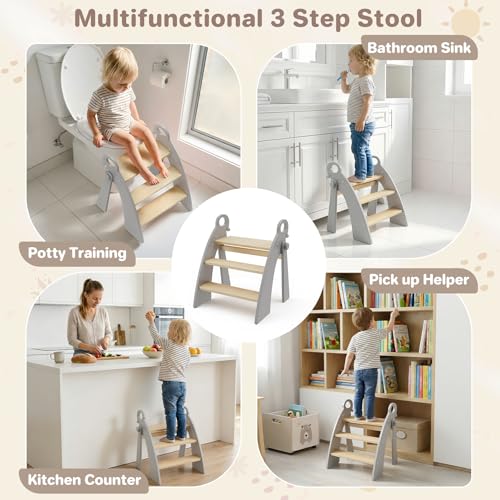 Step Stool for Toddlers & Kids, Bathroom Sink, 3-Step Foldable, Gray - color: 3 Step Grey