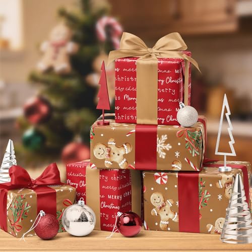 LaRibbons Christmas Wrapping Paper, Double-Sided Gingerbread Cookie Design - color: Gingerbread Man, size: 17 Inch x 33 Feet-1Roll