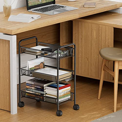 3-Tier Mesh Rolling Cart - 24.8" H Fits Under Desk Metal Cart with Wheel - color: Black, size: 3 tier