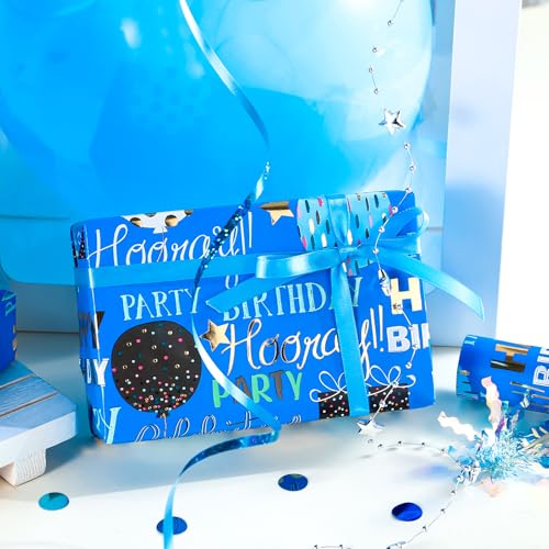 WRAPAHOLIC Birthday Wrapping Paper - Mini Roll - 17 Inch x 16.5 Feet - Blue Gold Foil Happy Birthday Wrapping Paper for Kids, Boys, Men, Baby Shower - color: Blue - Birthday Balloon & Lettering
