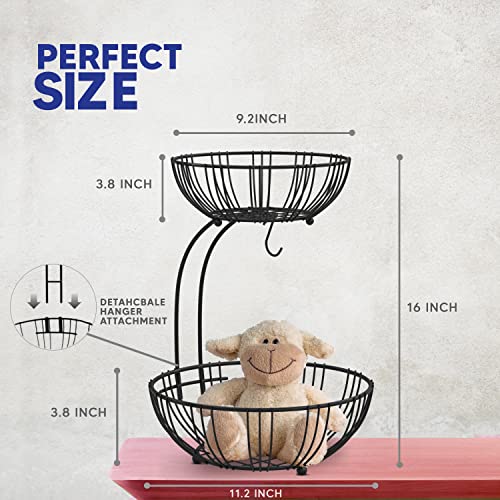 RICCLE Fruit Basket For Kitchen Counter - Fruit Basket With Banana Hanger - Double Layer Metal Wire Fruit Bowl For Countertop - Fruit Holder For Produce, Vegetables