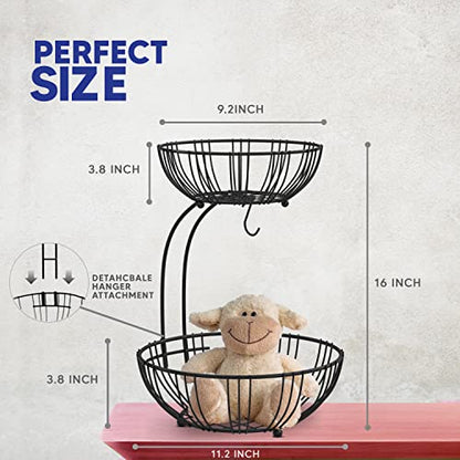 RICCLE Fruit Basket For Kitchen Counter - Fruit Basket With Banana Hanger - Double Layer Metal Wire Fruit Bowl For Countertop - Fruit Holder For Produce, Vegetables