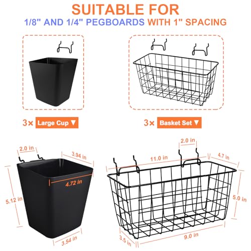 Pegboard Basket Organizer Set, 6 Pack Peg Board Baskets & Bin Cups (Black) - color: Black & Black