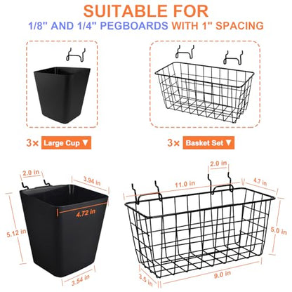 Pegboard Basket Organizer Set, 6 Pack Peg Board Baskets & Bin Cups (Black) - color: Black & Black