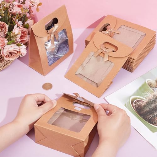 NBEADS 24 Pcs MINI Kraft Paper Bags with Window, 4.7x2.4x6.2 Stand Up MINI Gift Bag With Handles Brown Gift Bag with Clear Window for Candy Cookies Packaging Wedding Christmas Party Store Retail - color: 24 Pcs-Burlywood-L.W.H: 4.7x2.4x6.2"