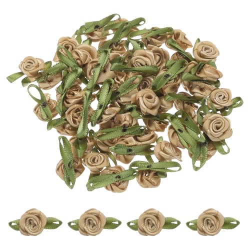 MECCANIXITY 80 Pcs Khaki Mini Roses Bow 15mm Small Satin Flower Bows Ribbon for Sewing Appliques Crafts Little Satin Bows Artificial Flowers - color: Khaki