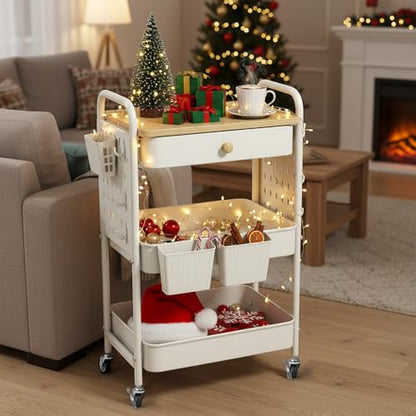 danpinera Rolling Utility Cart with Drawer, 3 Tier Rolling Cart with Wheels, Hooks & Hanging Cups, Craft Cart Art Cart Snack Cart Rolling Storage Cart with Wooden Table Top & DIY Pegboards, White - color: Ivory