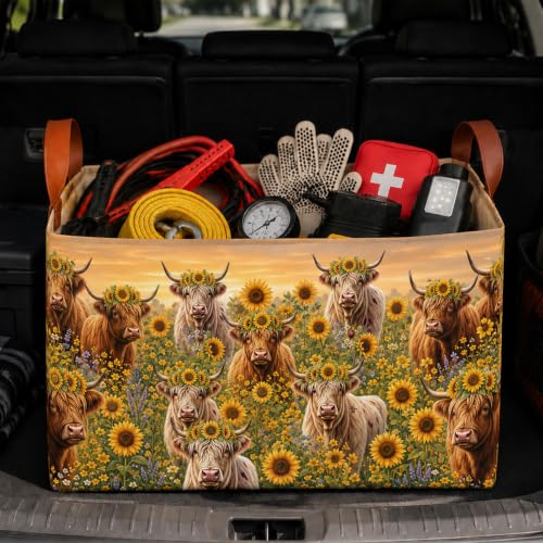 Highland Cow Car Trunk Organizer 20L Fold Auto Storage Basket with Handles - color: Highland Cows