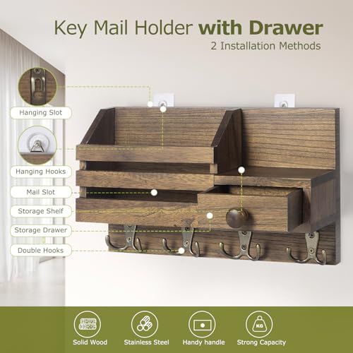 Key Holder Wall Mount, Wooden Key and Mail Organizer, Brown - color: Brown