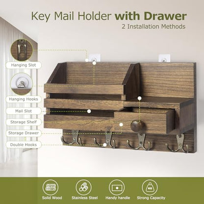 Key Holder Wall Mount, Wooden Key and Mail Organizer, Brown - color: Brown