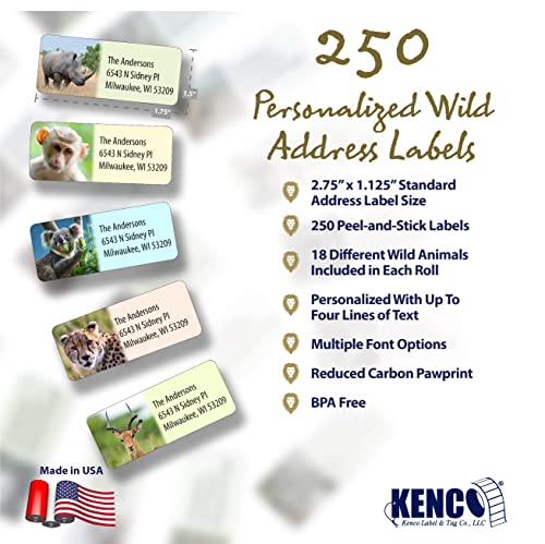 Customized Personalized Address Labels - Made in the USA by Kenco (Wild Animals, 250 Labels) - color: Wild Animals, size: 250 Labels