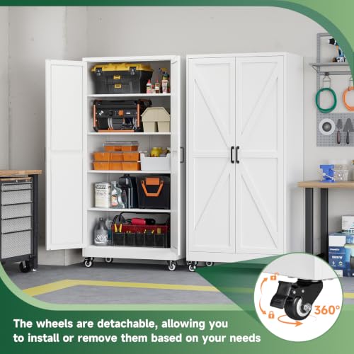 Letaya Metal Garage Storage Cabinet with Wheels,71" White Tool Steel Locker - color: White, size: 15.8”D x 32”W x 71”H