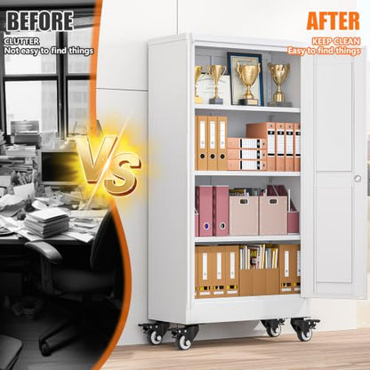 pozdeg 45.6" White Lockable Rolling Metal Garage Storage Cabinet - color: White, size: 11.8"D x 23.7"W x 45.6"H