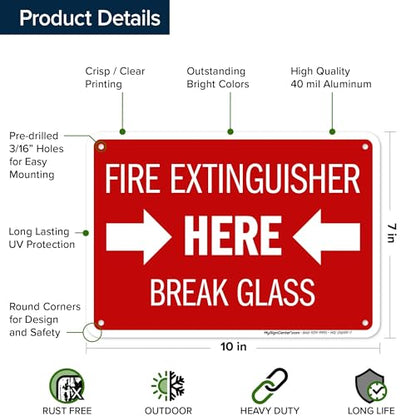 Fire Extinguisher Here Break Glass Sign, 10x7 Inches, Rust Free .040 Aluminum, Fade Resistant, Made in USA by My Sign Center - size: 7x10 Aluminum