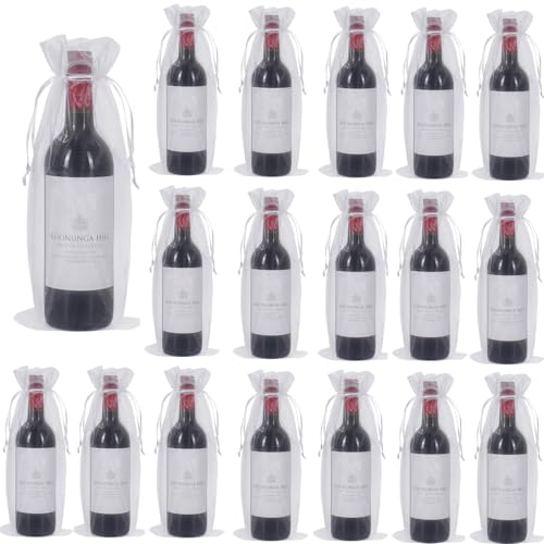 WLEAD Organza Wine Bags 14.9 x 5.9 Inch Drawstring Sheer Mesh Wine Gift Pouches, Reusable Wine Bottle Wrap Covers for Wedding Baby Shower Christmas Halloween Thanksgiving Festival Gift Decor, White