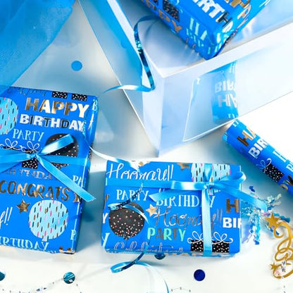 WRAPAHOLIC Birthday Wrapping Paper - Mini Roll - 17 Inch x 16.5 Feet - Blue Gold Foil Happy Birthday Wrapping Paper for Kids, Boys, Men, Baby Shower - color: Blue - Birthday Balloon & Lettering