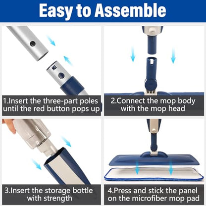 Wet Spray Mop for Floor Cleaning with 14 oz Bottle & 3 Microfiber Pads - color: 02-navy Blue