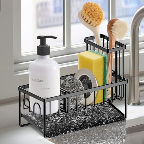 Sinnsally Kitchen Sponge Holder,Sink Caddy Organizer with Brush Holder,Stainless Steel Sink Box Dish Scrubber Holder with Self Drain Tray,Soap Dispenser Kitchen Storage Accessories(1 Tier-Black) - color: 1 Tier-Black
