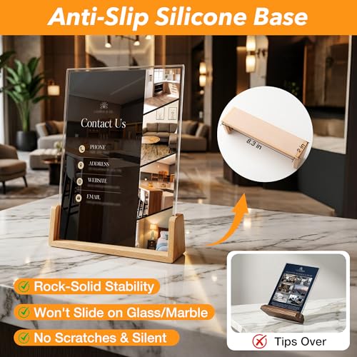 Acrylic Sign Holder 8.5 x 11 with Wood Base 3 Pack, Anti-Slip Silicone Bottom Menu Stand for Table, Clear Double Sided T-Shape & Slanted L-Shape Flyer Display for Office, Restaurant, Wedding - color: Natural Wood Color