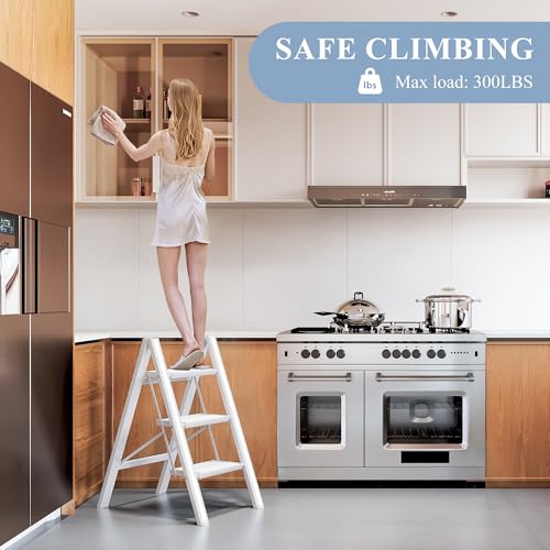 3 Step Ladder, Foldable Aluminum Step Stool with Anti-Slip Pedal - color: White, size: 3 Step