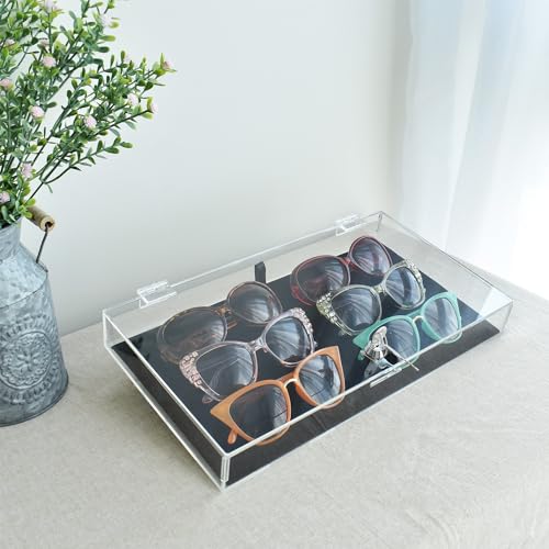 MOOCA Acrylic Rectangular Marketing Holder Locking Security Showcase Safe Box Display Tray, Perfect for Watches Jewelry, Knives, Eyewear with a Key and a Black Padding - color: 1) Regular W/Velvet Pad