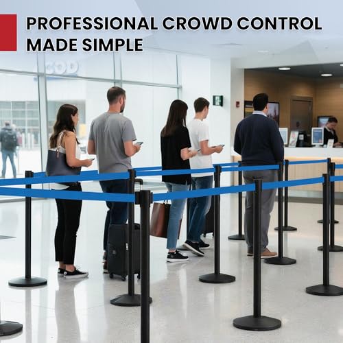 CCW Series RBB-100 2-Pack Retractable Belt Barrier Stanchions, 11 Ft Blue - color: Blue Belt wit Black Post