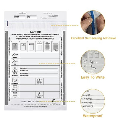 100 Pack 9" x 12" Deposit Bags Tamper-Evident Bags - size: (5) 9 x 12 Inch Tamper-Evident(100pack)