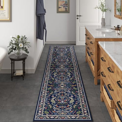Rugcomf Long Hallway Runner Rug 2'7"x14' Floral Washable Non Slip, Blue - color: Blue, size: 2'7" x 14' (Rectangular)