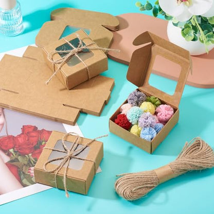 Craftdady 20pcs Small Square Brown Gift Boxes Party Favors Crafts Box with Jute String Folding Packing Boxes with Visible Window for Birthday Christmas Weddings 2.7"x2.58"x1.18" - color: Brown 2.7"x2.58"x1.18"
