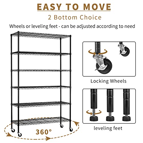 Wire Shelving Unit with Wheels, 6 Tier Adjustable Storage Shelves - color: Black, size: 18"D x 45"W x 82"H