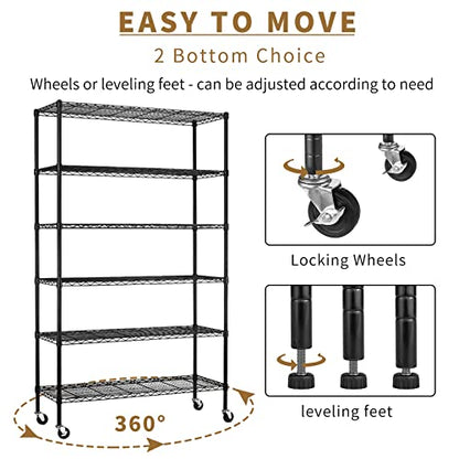 Wire Shelving Unit with Wheels, 6 Tier Adjustable Storage Shelves - color: Black, size: 18"D x 45"W x 82"H