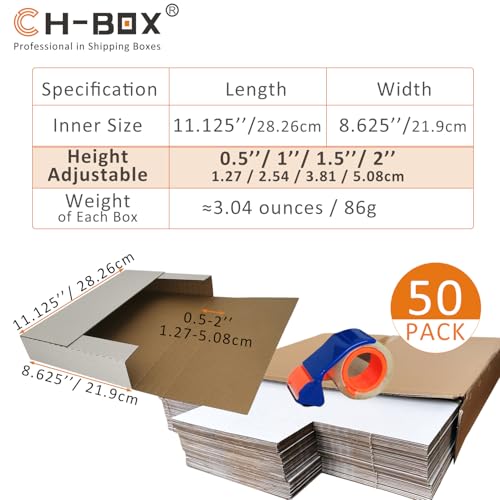 50 Pack 11 1/8" x 8 5/8" x 2" Corrugated Easy-Fold Mailer, Letter-Size Height Adjustable, White with Tape & Dispenser (EM1182-tc)