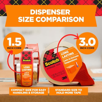 Scotch Long Lasting Storage Packaging Tape, 1.88" x 54.6 yd, Designed for Storage and Packing, Stays Sealed in Weather Extremes, 3" Core, Clear, 2 Rolls (3650-2)