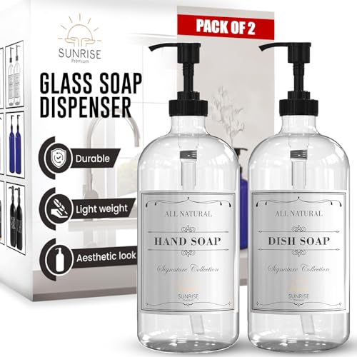 Sunrise Premium Clear Glass Soap Dispenser with Pump, 2 Pack - color: Black Plastic Pump - Clear Glass