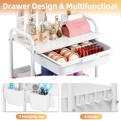 KINGRACK 3 Tier Metal Rolling Cart with Drawer, White Utility Storage Cart - color: White