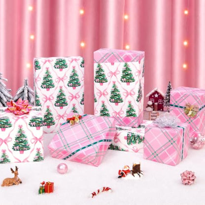 WERNNSAI Pink Christmas Wrapping Paper 17 In x 33 Ft Xmas Tree Gift Wrap - color: Christmas Pink Bow