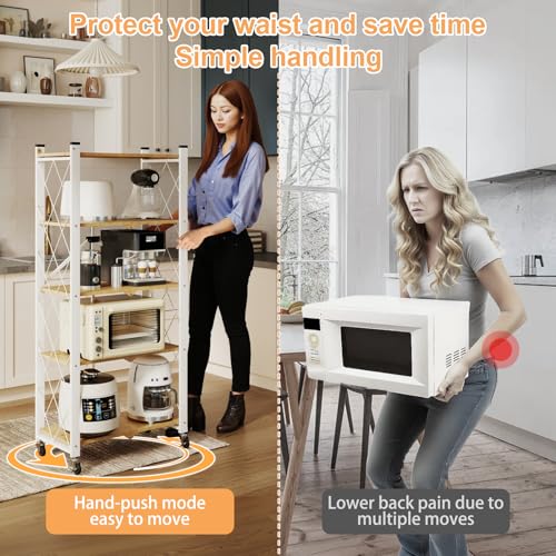 5-Tier Foldable Storage Shelves with Wheels Wood Grain Transfer - color: Natural, size: 5 Tier