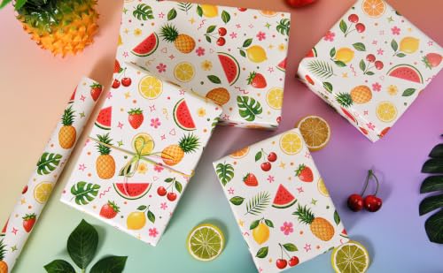 Sikiweiter Colorful Summer Fruit Wrapping Paper Roll, 17 Inches x 16.5 Feet, Watermelon Strawberry Lemon Cherry Tropical Gift Wrap for Birthday Party and Summer Celebration(Fruits) - color: Fruits