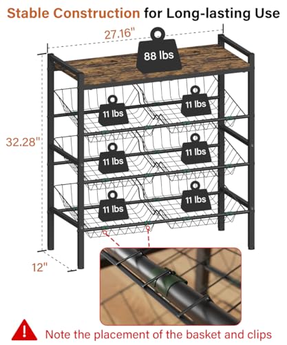 4-Tier Fruit and Vegetable Storage Rack, Freestanding Snack Stand Shelf with 6 Removable Baskets, Small Kitchen Island with Wood Top for Pantry Floor Organization, Black