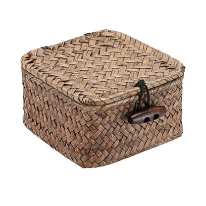 Hipiwe Mini Seagrass Basket Box Wicker Shelf Baskets with Lid, 3.5"x3.5"x2" - color: Coffee color, size: 3.5" x 3.5" x 2"